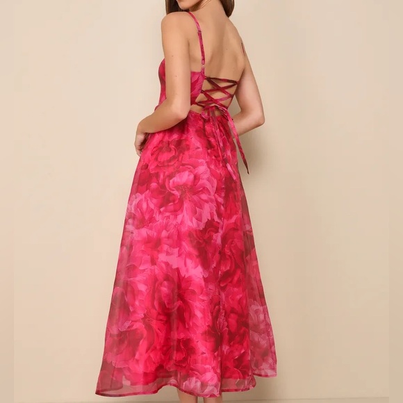 Lulu's Darling Icon Dark Pink Floral Organza Lace-Up Midi Dress - Picture 2 of 7